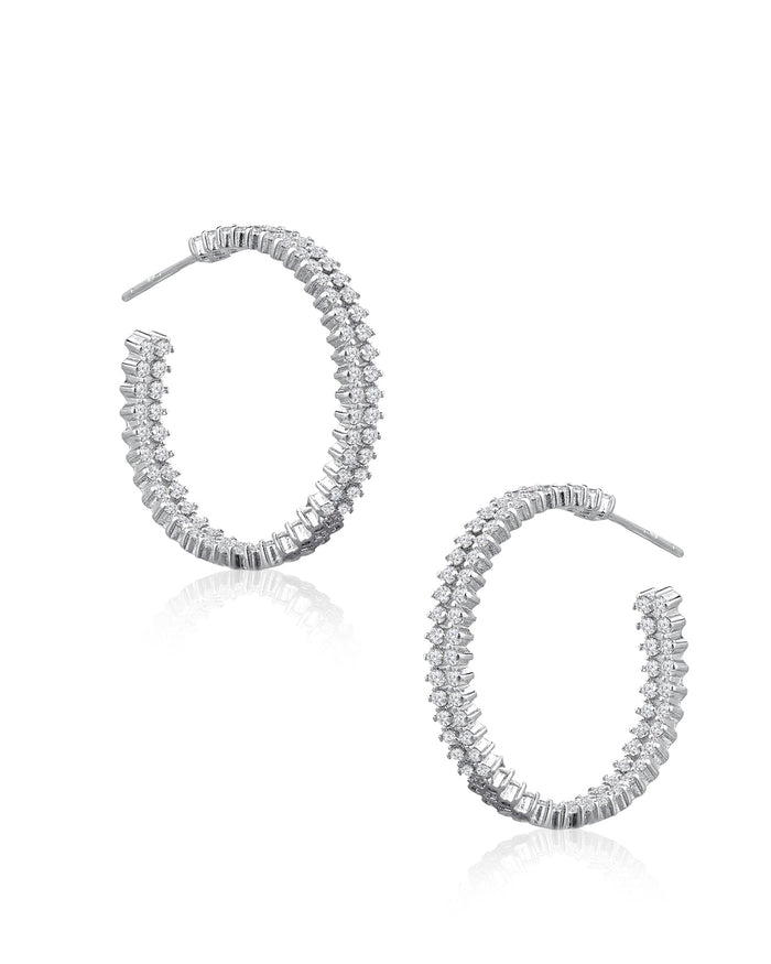 Aretes de aro de doble hilera con zirconias cúbicas redondas en latón bañado en rodio, foto 1
