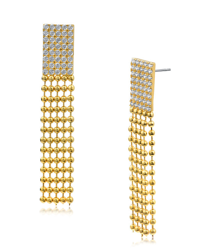 Aretes con flecos de cadena de bolitas y zirconias cúbicas en engaste pavé en latón bañado en oro de 14K, foto 1