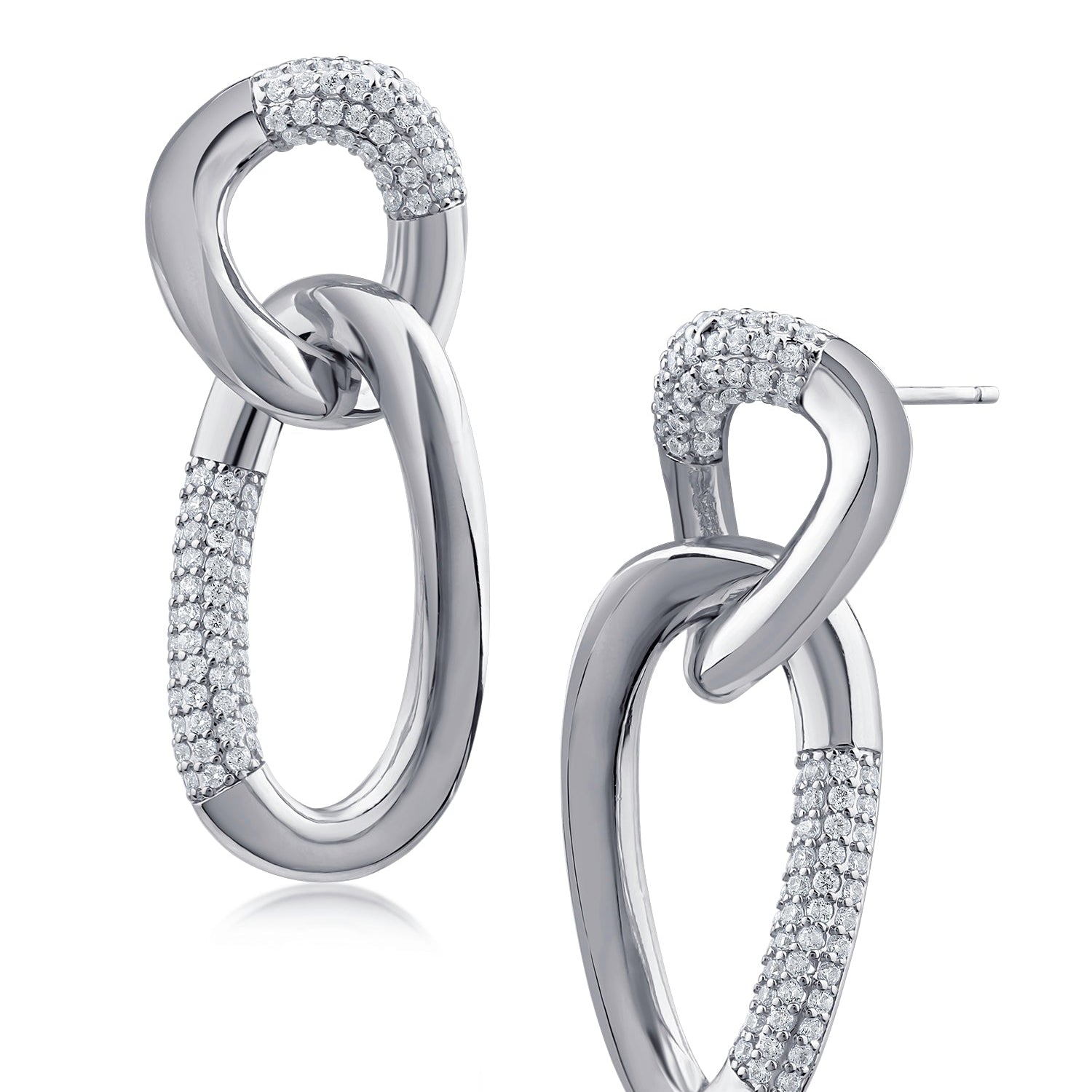 Aretes colgantes de eslabones redondos y ovalados con zirconias cúbicas pavé en latón bañado en oro o en rodio, foto 1