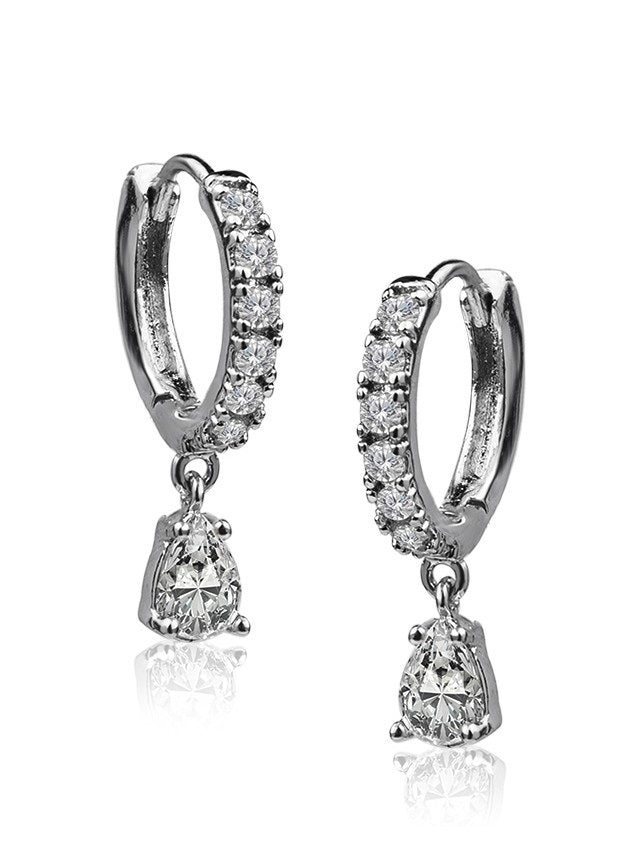 Aretes de aro Huggie con caída de zirconia cúbica talla pera en latón bañado en oro o en rodio, foto 2