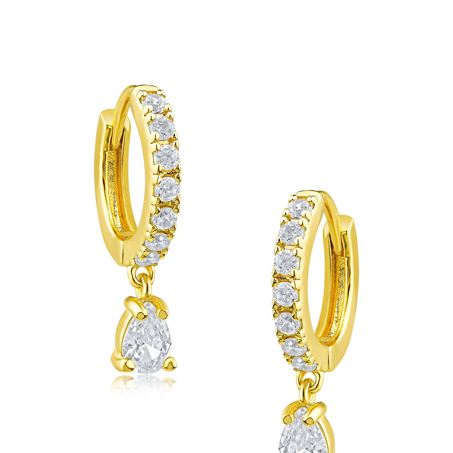 Aretes de aro Huggie con caída de zirconia cúbica talla pera en latón bañado en oro o en rodio, foto 1
