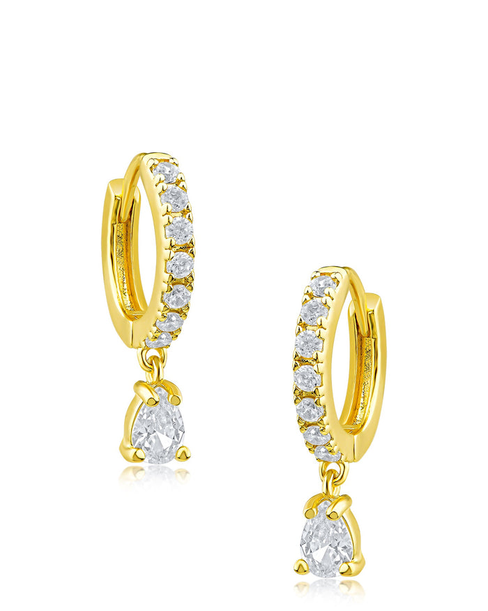 Aretes de aro Huggie con caída de zirconia cúbica talla pera en latón bañado en oro o en rodio, foto 1