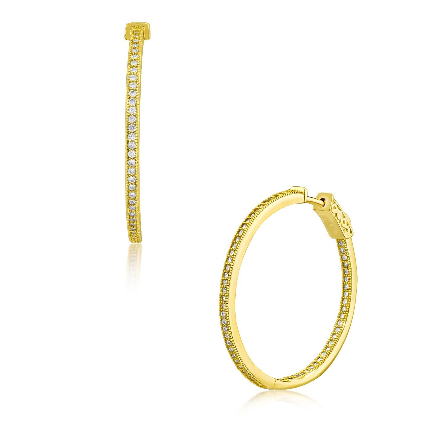 Aretes de aro con zirconias cúbicas en micro engaste pavé en latón bañado en oro o en rodio, foto 3