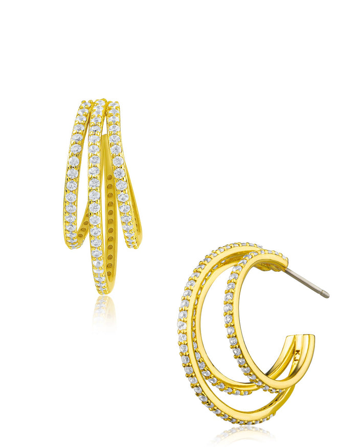 Petite Pavé Cubic Zirconia Triple Hoop Earrings in Plated Brass, photo 3