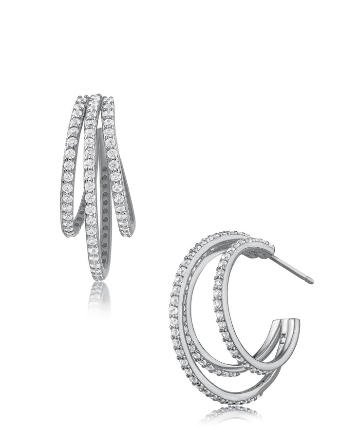 Petite Pavé Cubic Zirconia Triple Hoop Earrings in Plated Brass, photo 1