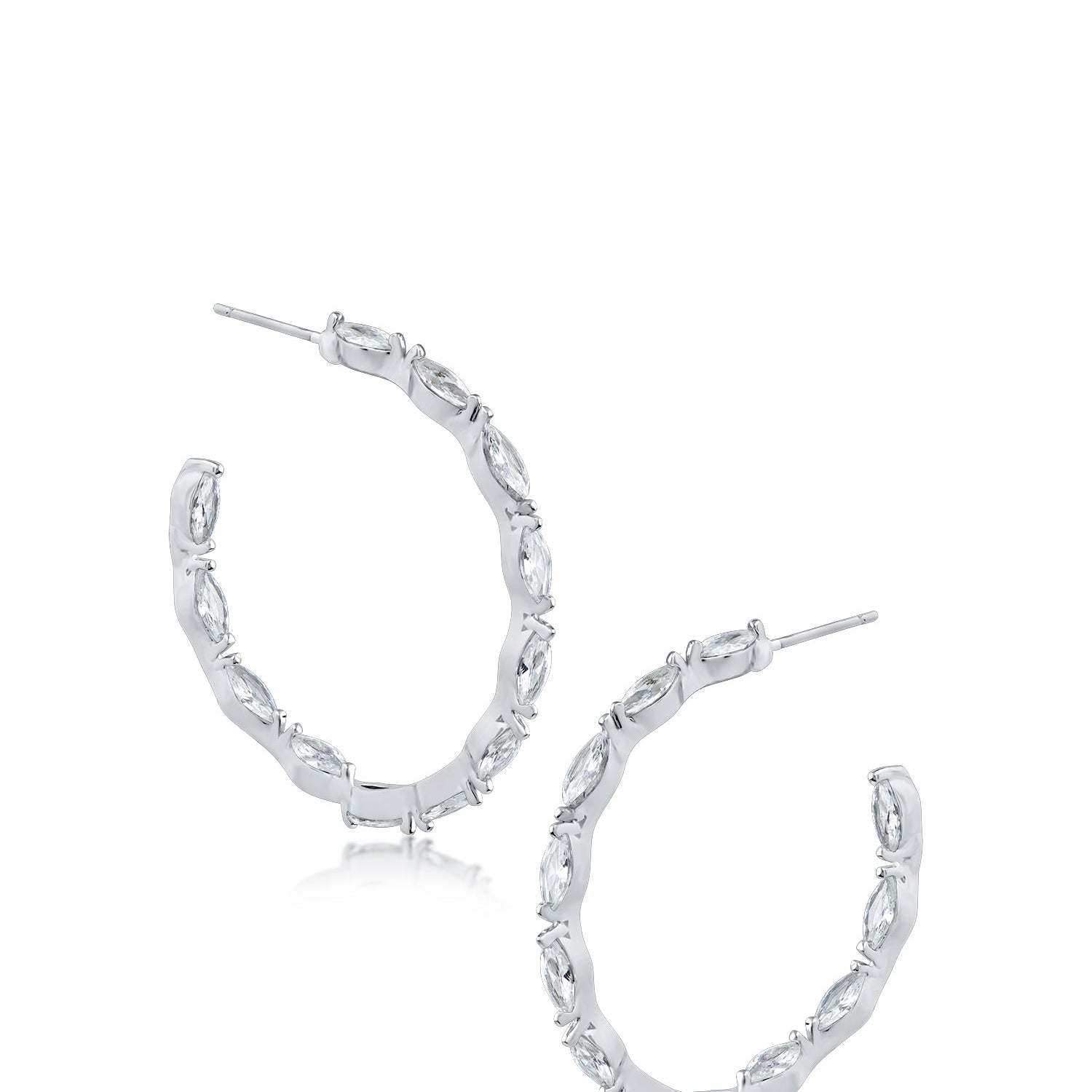 Marquise-Cut Cubic Zirconia Post Hoop Earrings in Rhodium-Plated Brass, photo 1