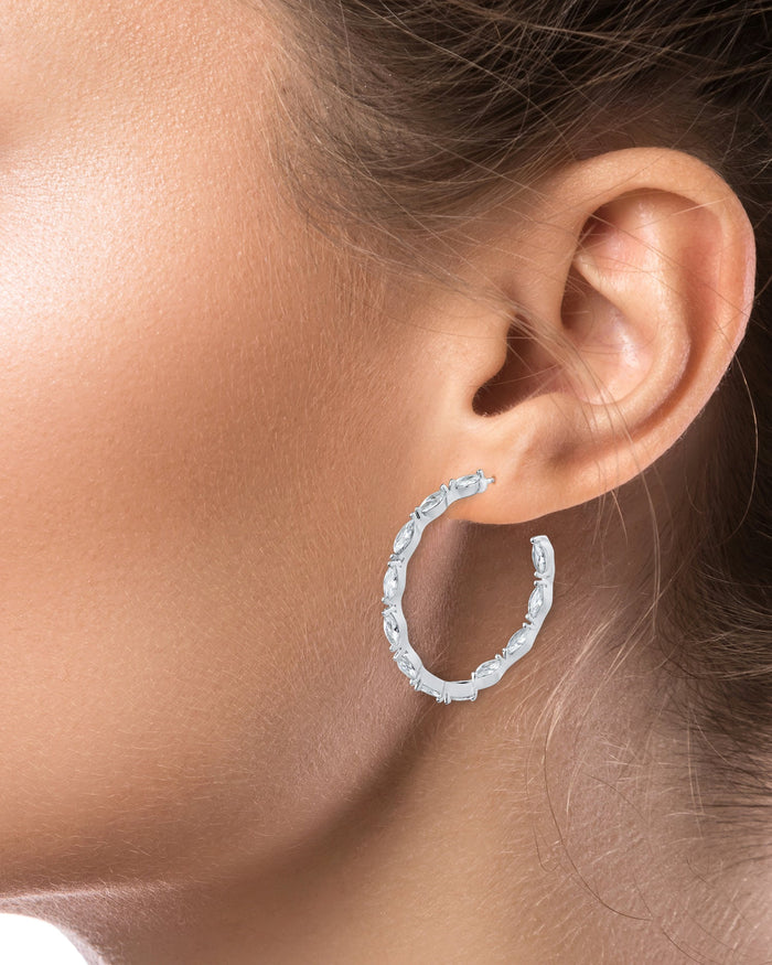 Marquise-Cut Cubic Zirconia Post Hoop Earrings in Rhodium-Plated Brass, photo 2