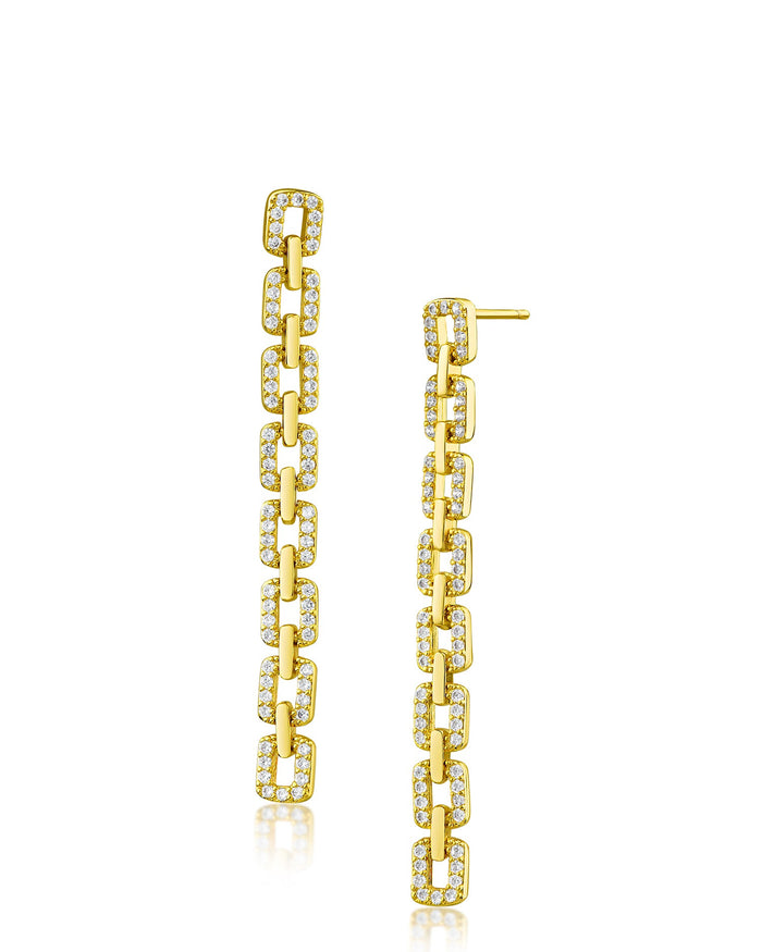 Aretes colgantes delicados de eslabones con zirconias cúbicas en engaste pavé en latón bañado en oro o en rodio, foto 1