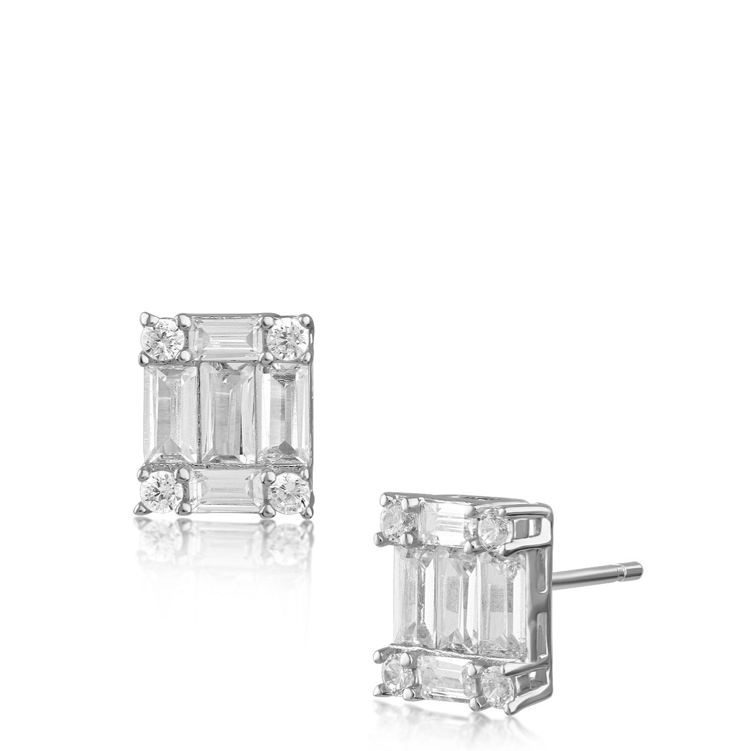 Baguette and Round Cubic Zirconia Square Stud Earrings in Rhodium-Plated Brass, photo 1