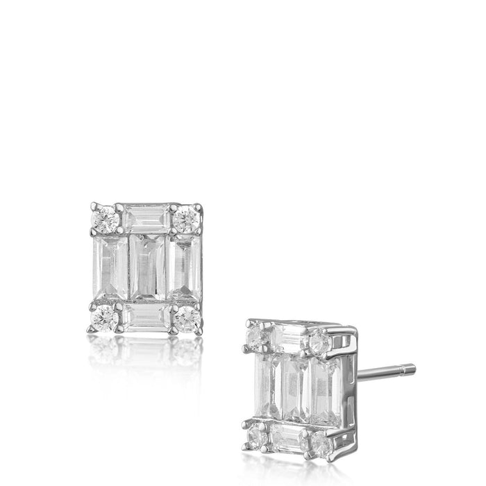Baguette and Round Cubic Zirconia Square Stud Earrings in Rhodium-Plated Brass, photo 1
