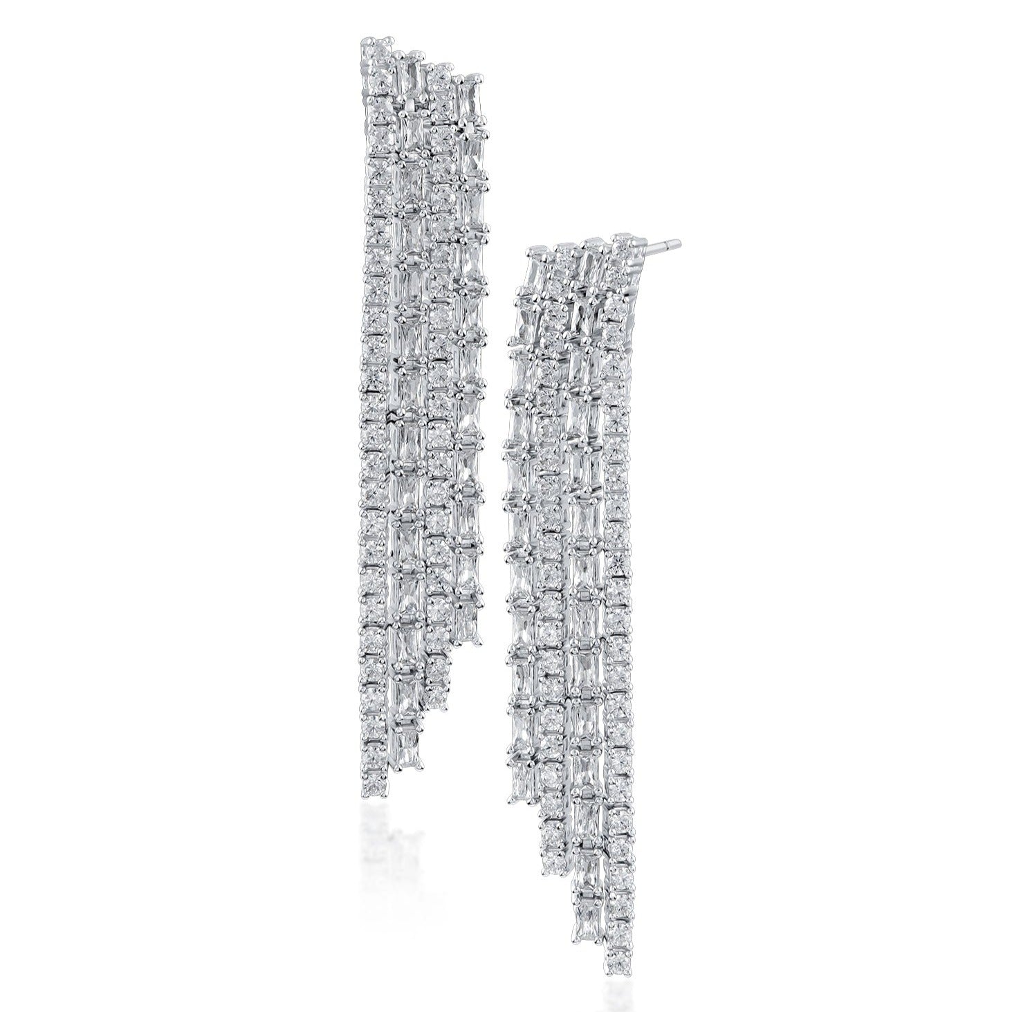 Aretes de flecos con zirconias cúbicas redondas y baguette en latón bañado en rodio, foto 1