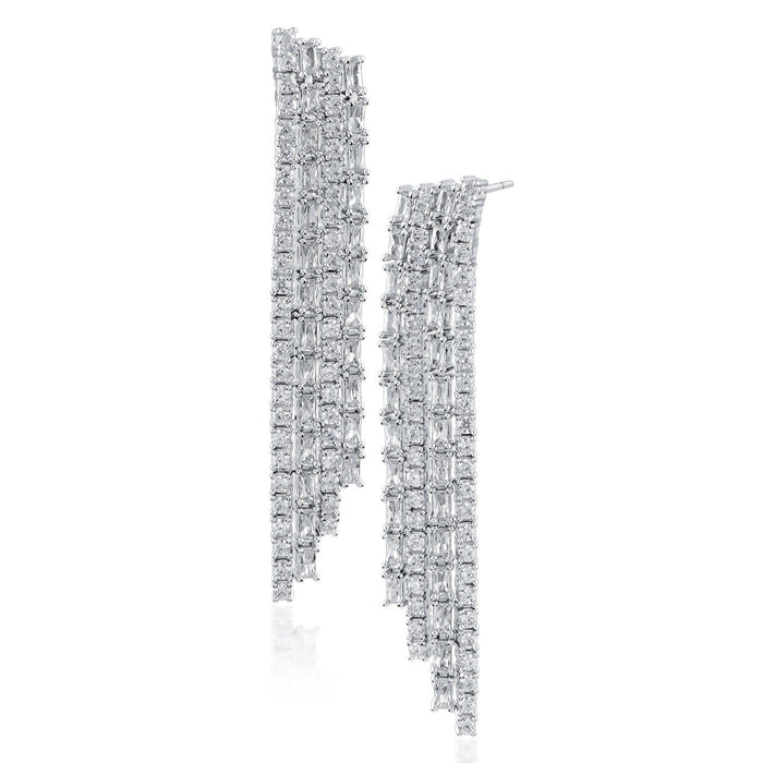 Aretes de flecos con zirconias cúbicas redondas y baguette en latón bañado en rodio, foto 1