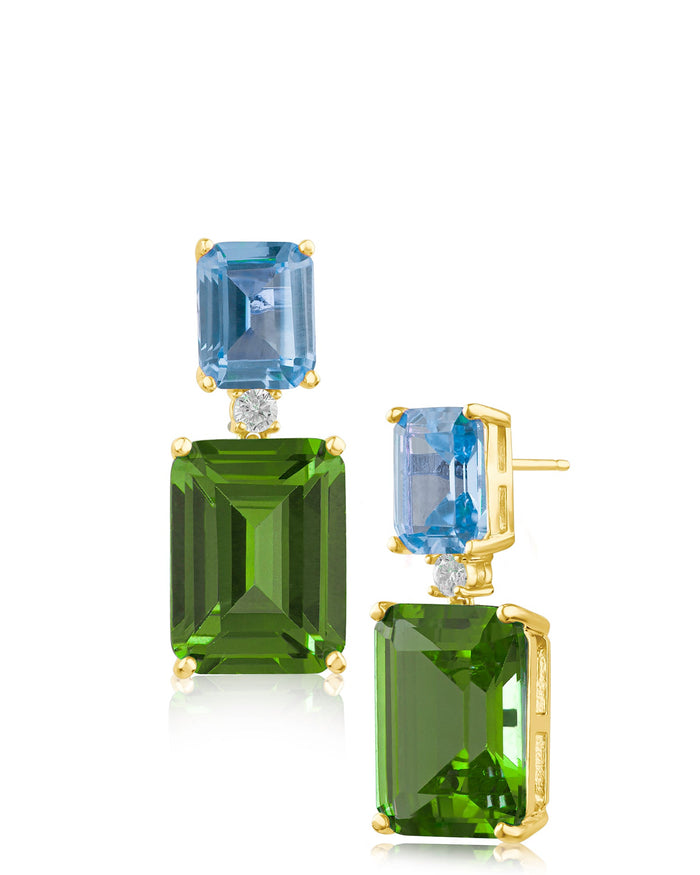 Aretes de dos tonos con zirconias cúbicas verde claro y azul claro en latón bañado en oro de 18K, foto 1