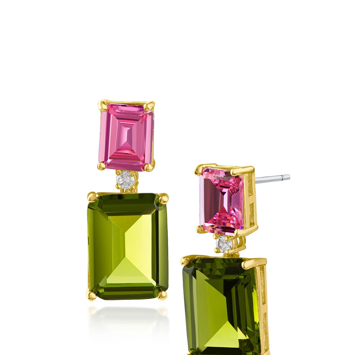Aretes colgantes con zirconias cúbicas talla esmeralda, rosa sobre verde claro, en latón bañado en oro de 14K, foto 1