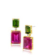 Aretes colgantes con zirconias cúbicas talla esmeralda, verde sobre rosa, en latón bañado en oro de 18K, foto 1