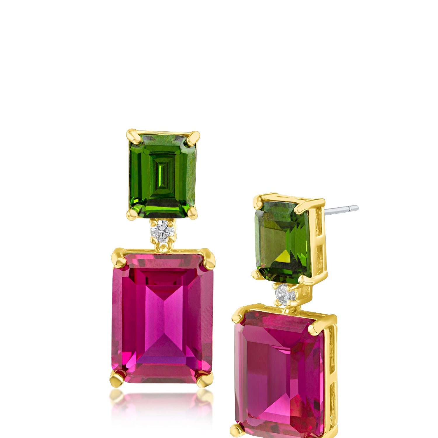 Aretes colgantes con zirconias cúbicas talla esmeralda, verde sobre rosa, en latón bañado en oro de 18K, foto 1