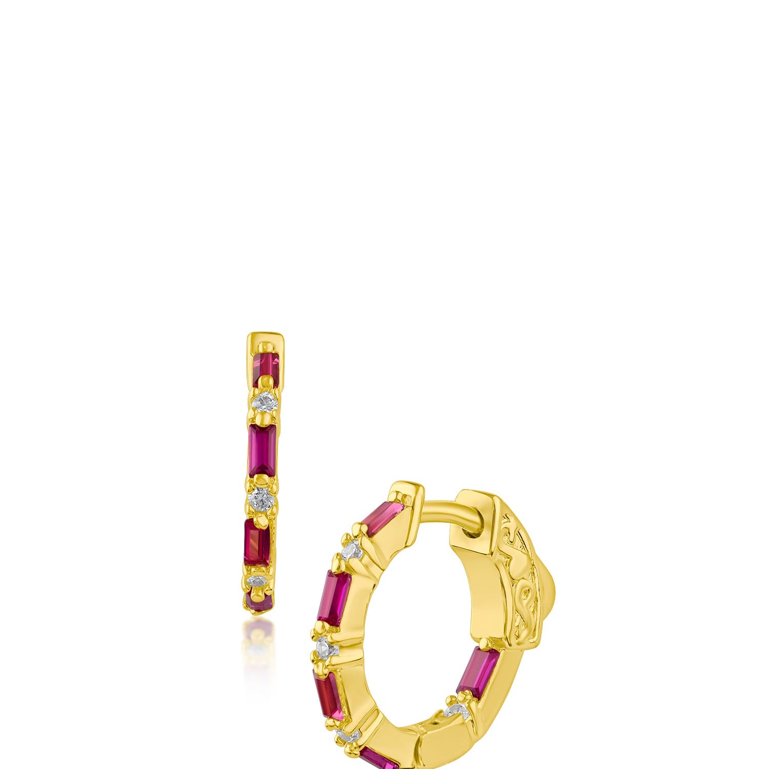 Aretes de aro Huggie mini con zirconias cúbicas baguette en latón bañado en oro de 14K, foto 2