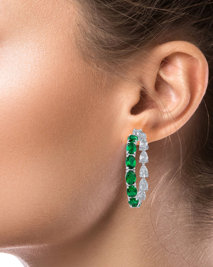 Aretes de aro de dos hileras con zirconias cúbicas en forma de pera y ovaladas en latón bañado en rodio, foto 2