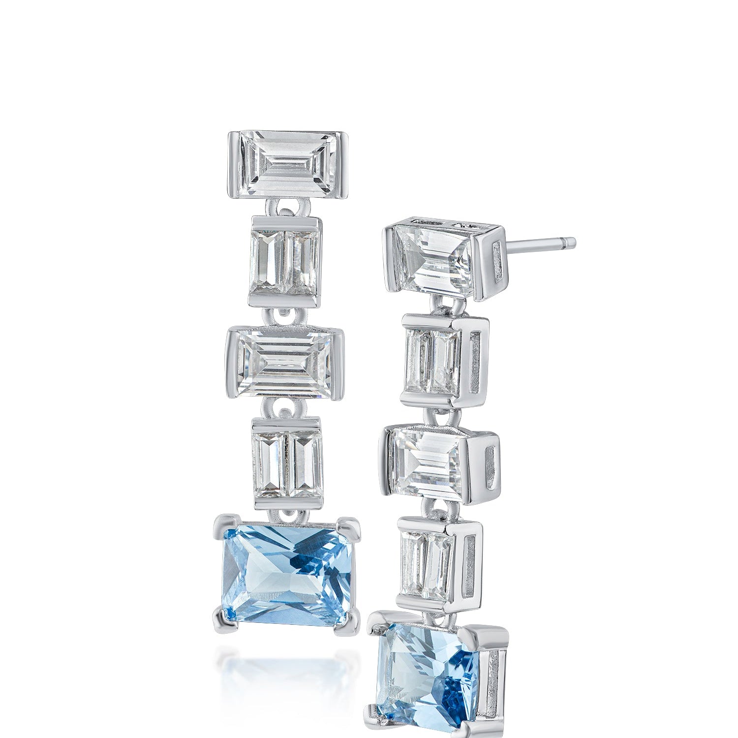 Baguette Cubic Zirconia Earrings with Light Blue Accent in Rhodium-Plated Brass, photo 1