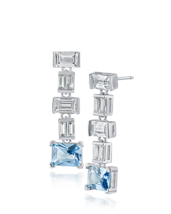 Baguette Cubic Zirconia Earrings with Light Blue Accent in Rhodium-Plated Brass, photo 1