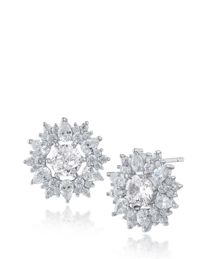 Aretes Starburst con zirconias cúbicas redondas y en talla pera en latón bañado en rodio, foto 1