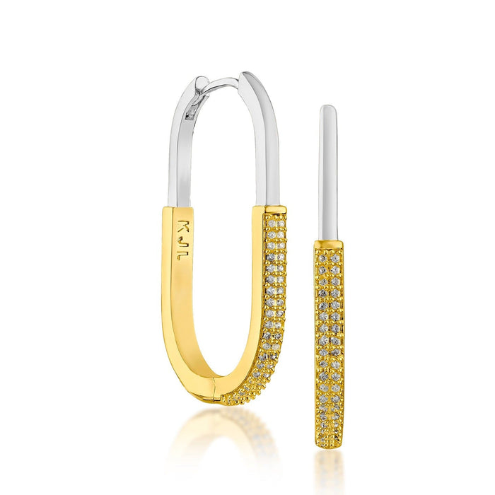 Aretes de aro ovalados con medio pavé de zirconias cúbicas en latón bañado en oro o en dos tonos, foto 3