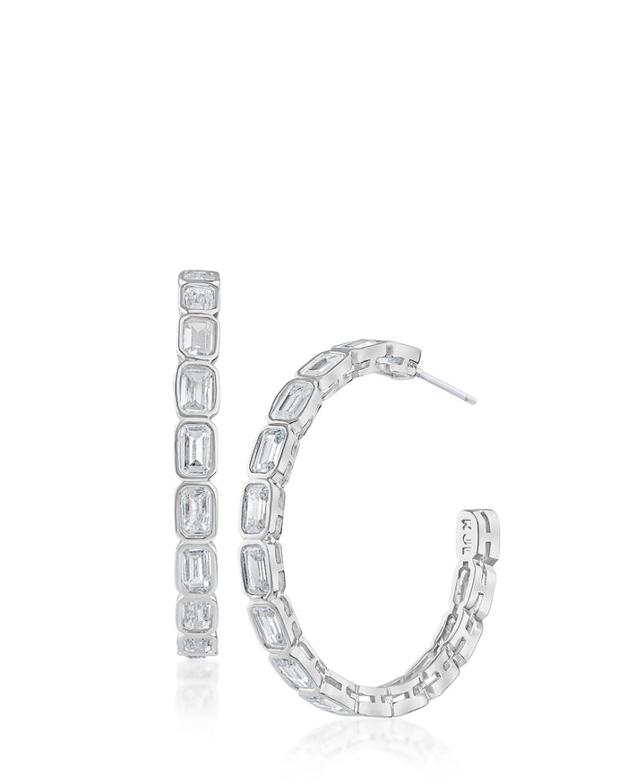 Emerald-Cut Cubic Zirconia Bezel Hoop Earrings in Sterling Silver, photo 1