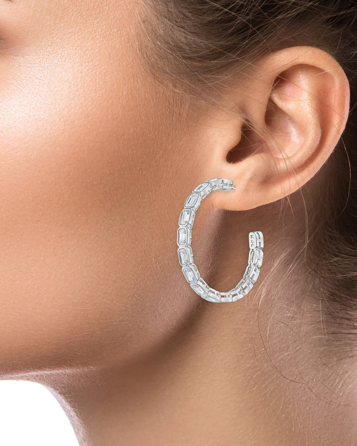 Emerald-Cut Cubic Zirconia Bezel Hoop Earrings in Sterling Silver, photo 2