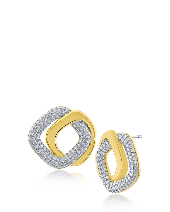 Aretes de doble cuadrado con zirconias cúbicas pavé en latón bañado en oro de 14K y en rodio, foto 1