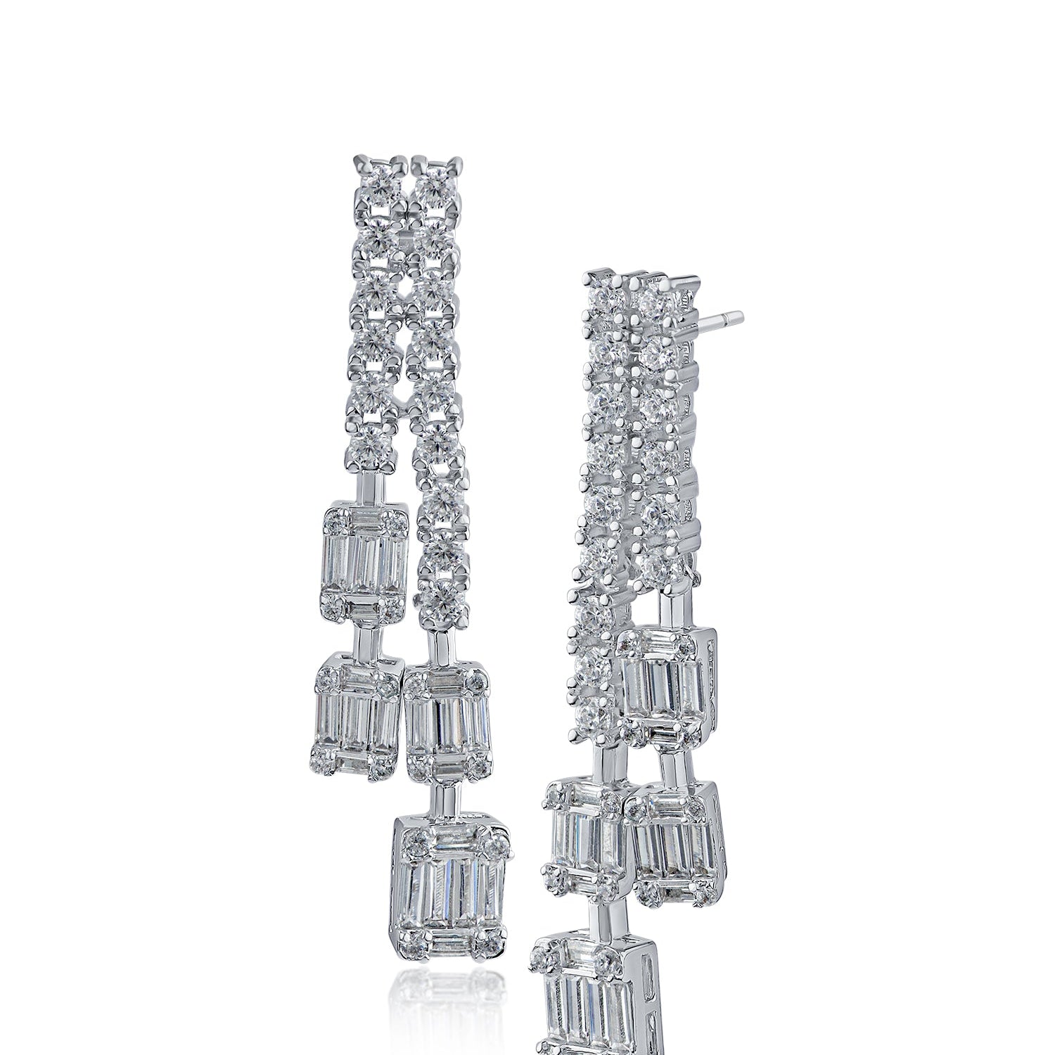 Baguette and Round Cubic Zirconia Double Drop Earrings in Rhodium-Plated Brass, photo 1