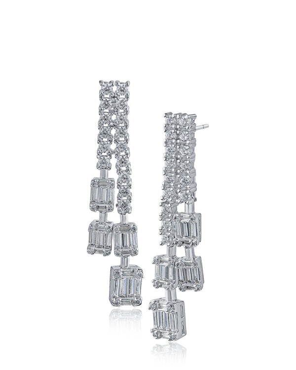 Baguette and Round Cubic Zirconia Double Drop Earrings in Rhodium-Plated Brass, photo 1