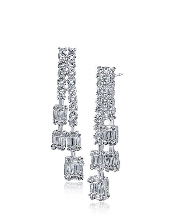 Baguette and Round Cubic Zirconia Double Drop Earrings in Rhodium-Plated Brass, photo 1