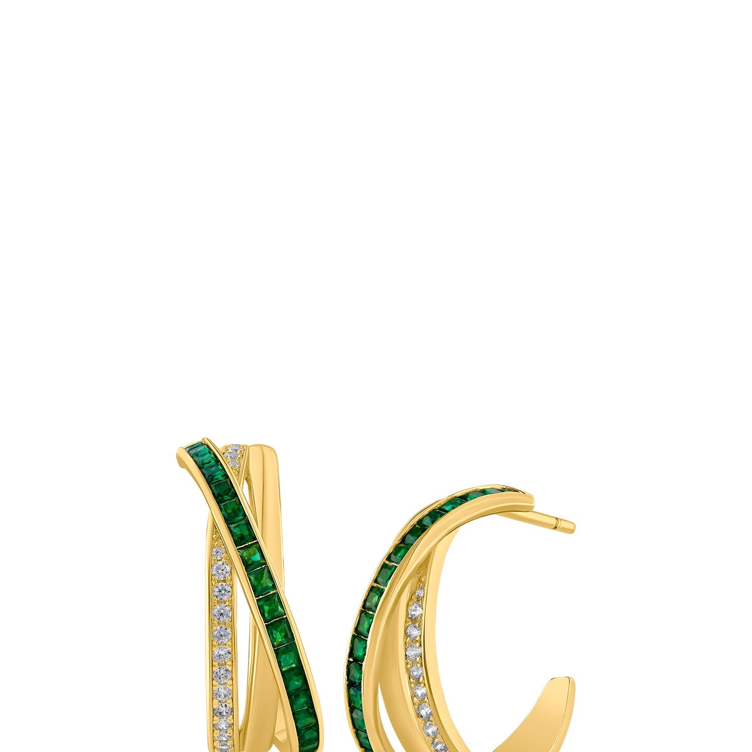Pavé and Green Cubic Zirconia Overlap Hoop Earrings in 14K Gold-Plated Brass, photo 1