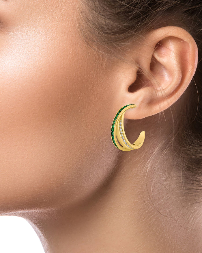 Pavé and Green Cubic Zirconia Overlap Hoop Earrings in 14K Gold-Plated Brass, photo 2