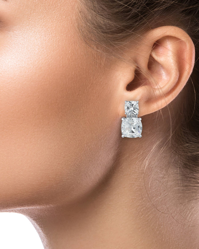 Double Cushion-Cut Cubic Zirconia Drop Earrings in Rhodium-Plated Brass, photo 2