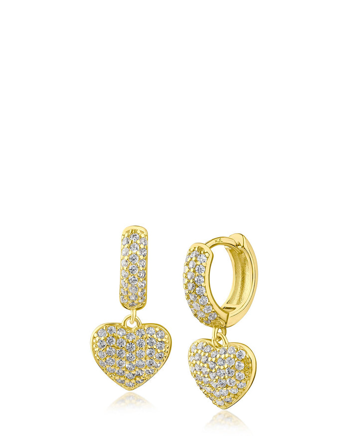 Aretes de aro Huggie con corazón colgante de zirconias cúbicas en engaste pavé en latón bañado en rodio o en oro, foto 2