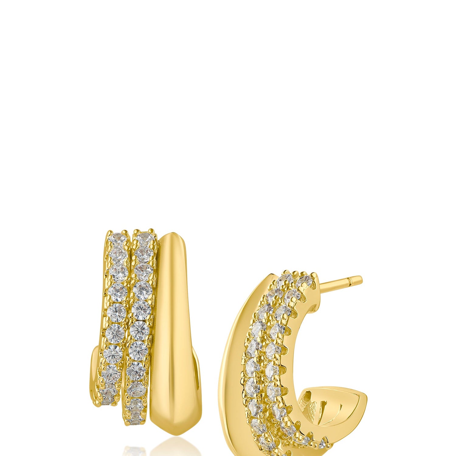 Aretes de aro de tres filas con zirconias cúbicas redondas en latón bañado en oro, foto 1