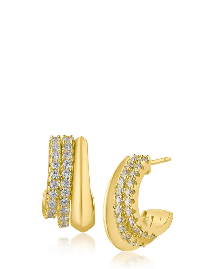 Aretes de aro de tres filas con zirconias cúbicas redondas en latón bañado en oro, foto 1