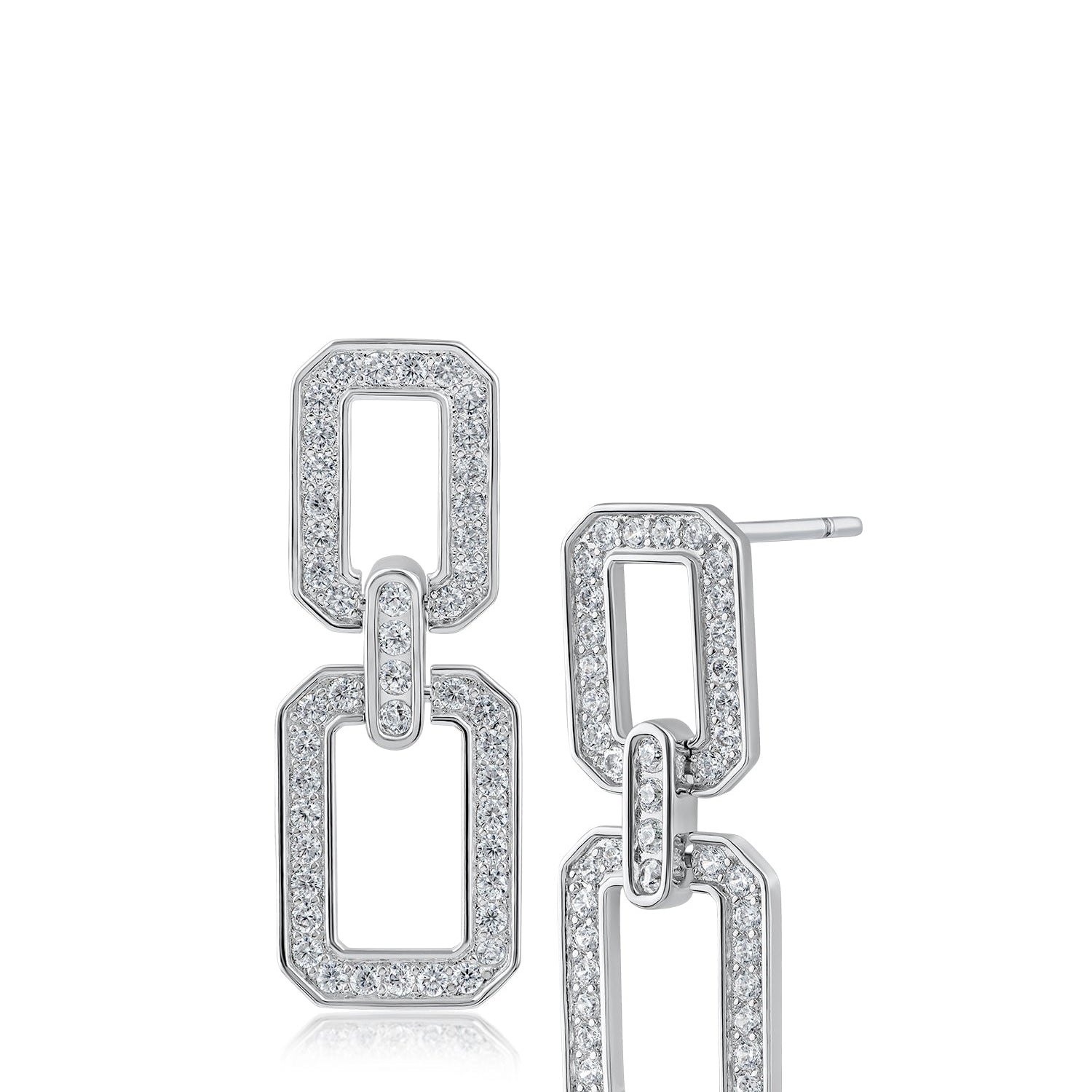 Pavé Cubic Zirconia Double Open Link Earrings in Rhodium-Plated Brass, photo 1