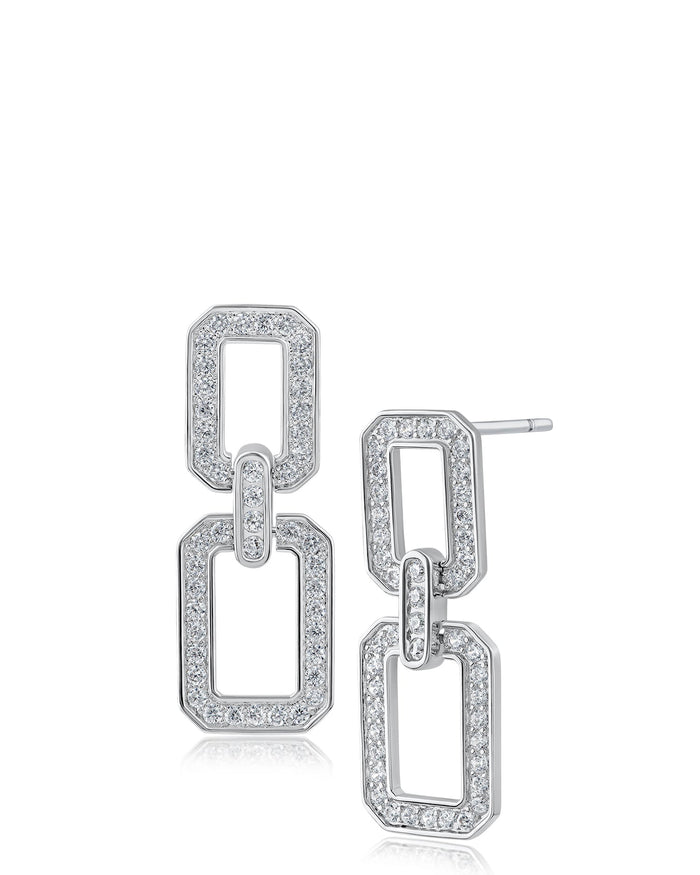 Pavé Cubic Zirconia Double Open Link Earrings in Rhodium-Plated Brass, photo 1