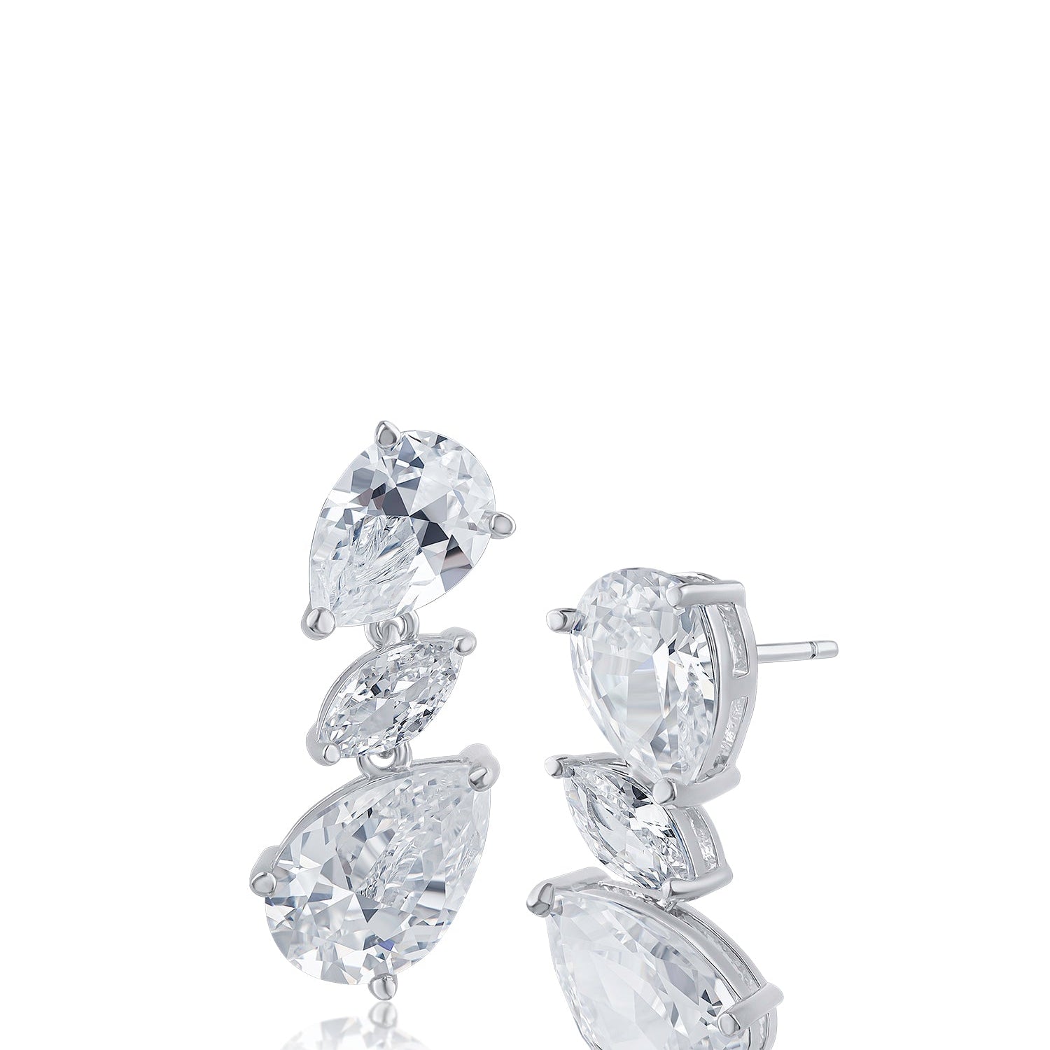 Aretes colgantes triples con zirconias cúbicas pera y marquesa en latón bañado en rodio, foto 1