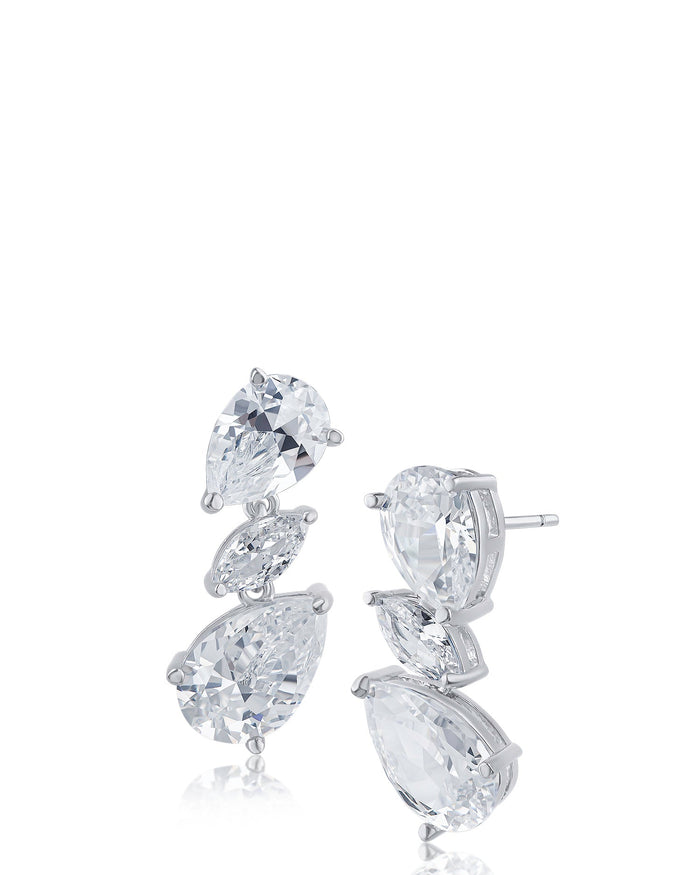Aretes colgantes triples con zirconias cúbicas pera y marquesa en latón bañado en rodio, foto 1