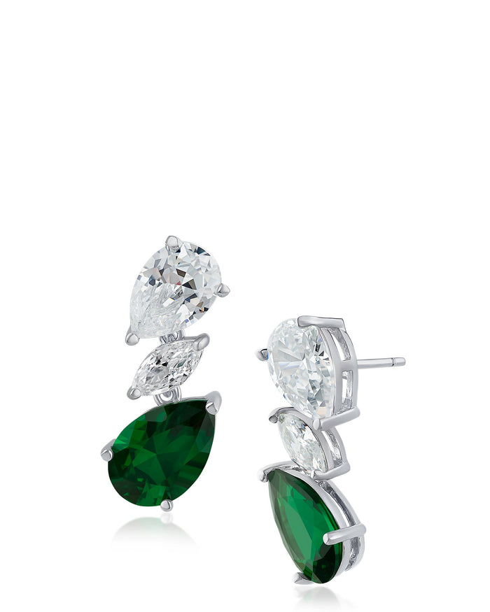 Aretes colgantes triples con zirconias cúbicas pera y marquesa en latón bañado en rodio, foto 2