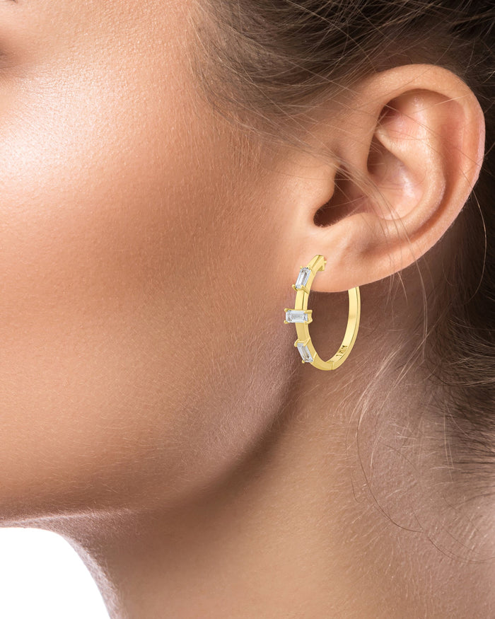 Triple Emerald-Cut Cubic Zirconia Hoop Earrings in Plated Brass, photo 3