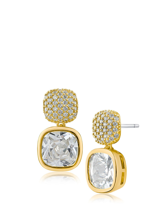 Aretes colgantes con zirconia cúbica talla cojín en engaste de bisel en latón bañado en oro o en rodio, foto 3