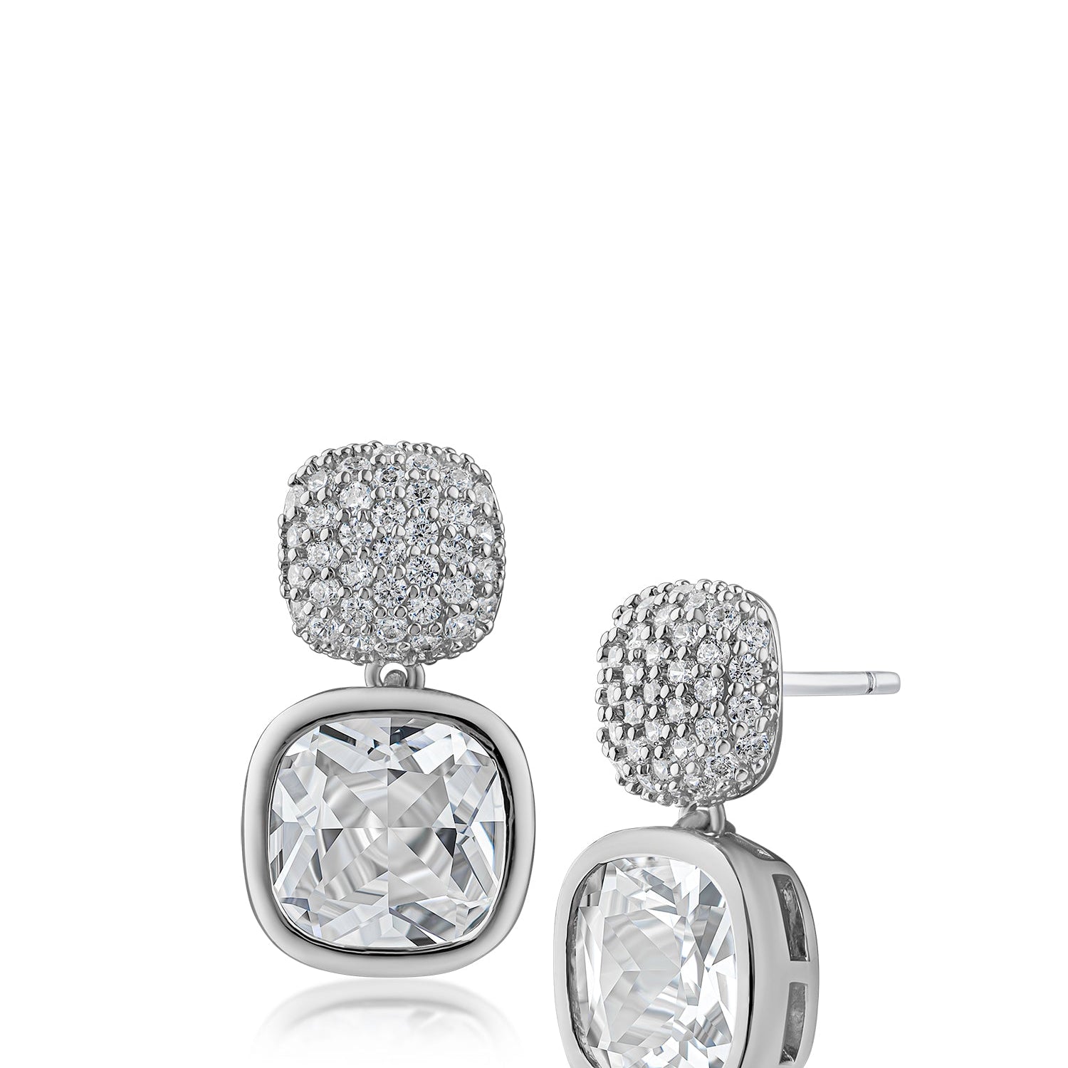 Aretes colgantes con zirconia cúbica talla cojín en engaste de bisel en latón bañado en oro o en rodio, foto 1