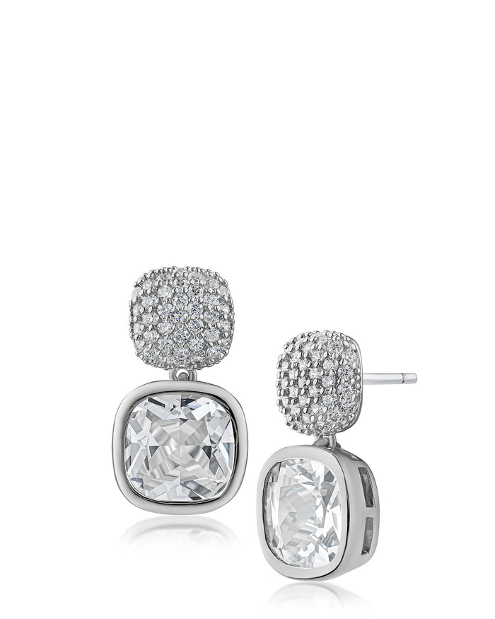 Aretes colgantes con zirconia cúbica talla cojín en engaste de bisel en latón bañado en oro o en rodio, foto 1