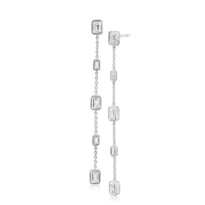 Emerald-Cut Cubic Zirconia and Chain Drop Earrings in Rhodium-Plated Brass, photo 1
