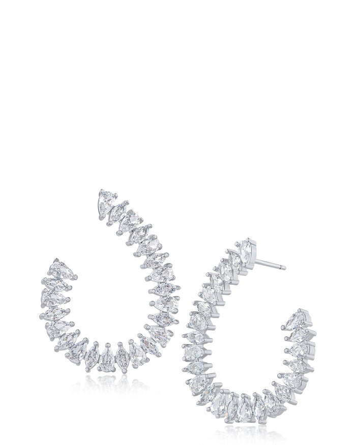Pear and Marquise Cubic Zirconia Open Circle Earrings in Rhodium-Plated Brass, photo 1