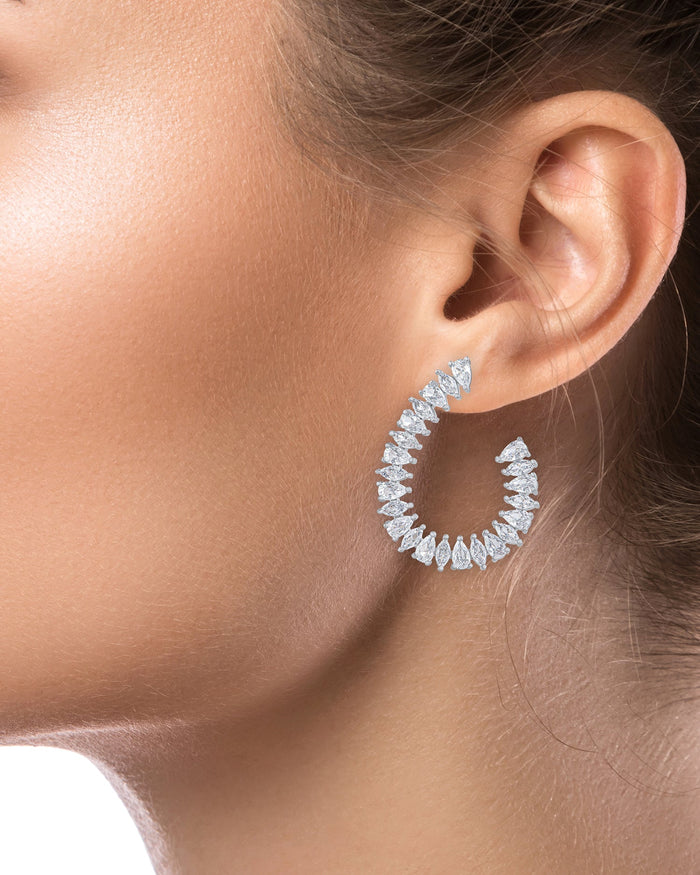 Pear and Marquise Cubic Zirconia Open Circle Earrings in Rhodium-Plated Brass, photo 2
